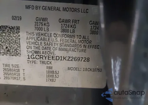 2019 Chevrolet Silverado 1500 Rst z USA, uszkodzony, nr VIN 1GCRYEED1KZ269728